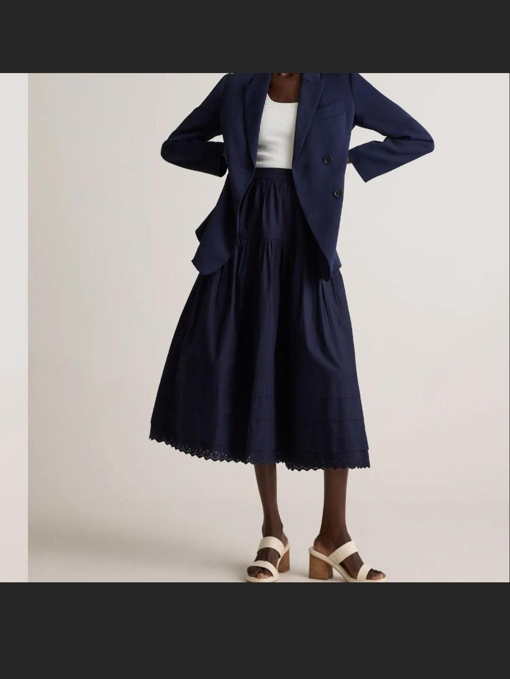 Quince Navy Organic Textured Pintuck Tiered Midi Skirt with Scalloped Hem